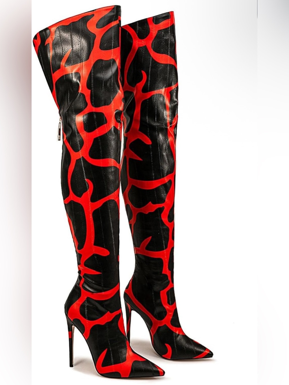 New Women's Red & Black Patterned Thigh-High Jumpsuit Pants